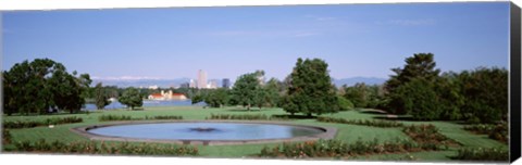 Framed Formal garden in City Park with city and Mount Evans in background, Denver, Colorado, USA Print