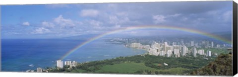 Framed Rainbow Over A City, Waikiki, Honolulu, Oahu, Hawaii, USA Print