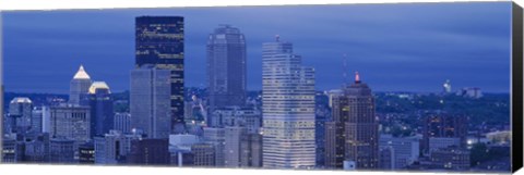 Framed High angle view of skyscrapers lit up at dusk, Pittsburgh, Pennsylvania, USA Print