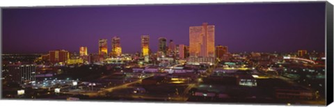 Framed High angle view of skyscrapers lit up at night, Dallas, Texas, USA Print