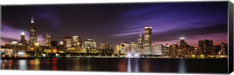 Framed Buildings at the waterfront lit up at night, Chicago, Illinois Print