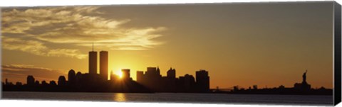 Framed Manhattan skyline and a statue at sunrise, Statue Of Liberty, New York City, New York State, USA Print