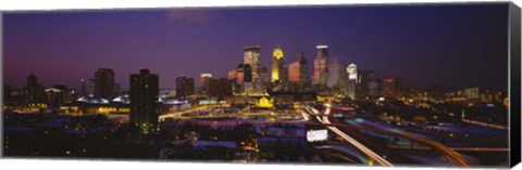 Framed Skyscrapers lit up at dusk, Minneapolis, Minnesota, USA Print