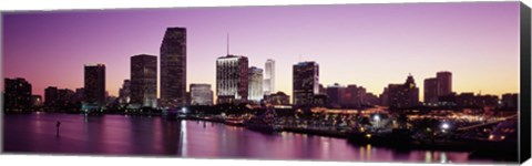 Framed Buildings lit up at dusk, Biscayne Bay, Miami, Miami-Dade county, Florida, USA Print