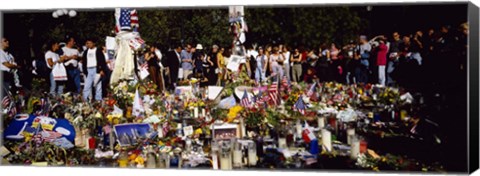 Framed Group of people standing in front of offerings at a memorial, New York City, New York State, USA Print