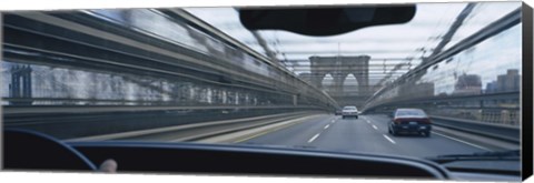 Framed Cars moving on the bridge, Brooklyn Bridge, New York City, New York State, USA Print