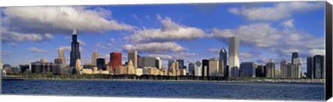 Framed USA, Illinois, Chicago, Panoramic view of an urban skyline by the shore Print