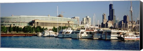 Framed Boats Moored At A Dock, Chicago, Illinois, USA Print