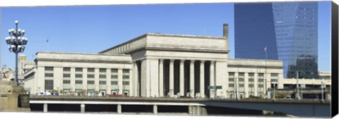 Framed Facade of a building at a railroad station, 30th Street Station, Schuylkill River, Philadelphia, Pennsylvania, USA Print