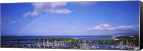 Framed Rainbow Over Boats in Honolulu, Hawaii Print