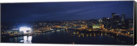 Framed High angle view of buildings lit up at night, Heinz Field, Pittsburgh, Allegheny county, Pennsylvania, USA Print