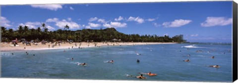 Framed Tourists on the beach, Waikiki Beach, Honolulu, Oahu, Hawaii, USA Print