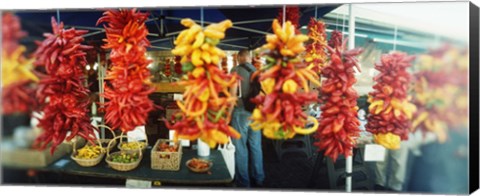 Framed Strands of chili peppers hanging in a market stall, Pike Place Market, Seattle, King County, Washington State, USA Print