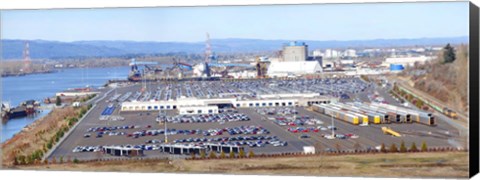 Framed High angle view of large parking lots, Willamette River, Portland, Multnomah County, Oregon, USA Print