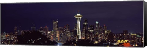 Framed Skyscrapers and Space Needle Lit Up at Night Print