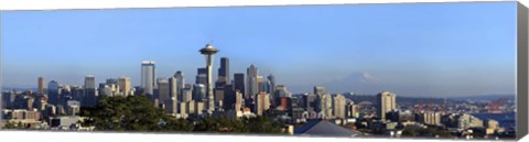 Framed Buildings in a city with mountains in the background, Space Needle, Mt Rainier, Seattle, King County, Washington State, USA 2010 Print