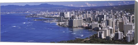 Framed High angle view of a city at waterfront, Honolulu, Oahu, Honolulu County, Hawaii Print