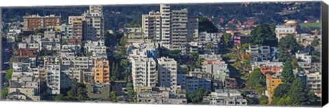 Framed Aerial view of buildings in a city, Russian Hill, Lombard Street and Crookedest Street, San Francisco, California, USA Print