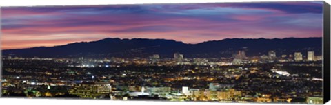 Framed High angle view of a city at dusk, Culver City, Santa Monica Mountains, West Los Angeles, Westwood, California, USA Print