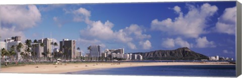 Framed Waikiki Beach with mountain in the background, Diamond Head, Honolulu, Oahu, Hawaii, USA Print