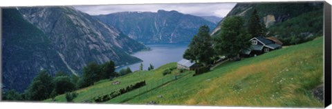 Framed High angle view of a river surrounded by mountains, Kjeasen, Eidfjord, Hordaland, Norway Print