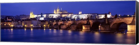 Framed Bridge across a river lit up at night, Charles Bridge, Vltava River, Prague, Czech Republic Print