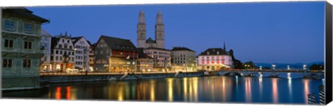 Framed Buildings at the waterfront, Grossmunster Cathedral, Zurich, Switzerland Print