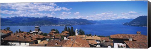 Framed High angle view of buildings near a lake, Lake Maggiore, Vedasco, Italy Print