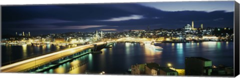 Framed High angle view of a bridge lit up at night, Istanbul, Turkey Print