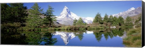 Framed Reflection of trees and mountain in a lake, Matterhorn, Switzerland Print