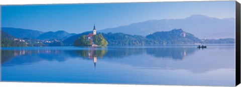 Framed Reflection of mountains and buildings in water, Lake Bled, Slovenia Print