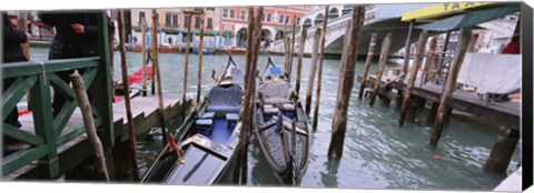 Framed Gondolas moored near a bridge, Rialto Bridge, Grand Canal, Venice, Italy Print