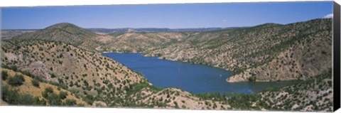 Framed High angle view of a lake surrounded by hills, Santa Cruz Lake, New Mexico, USA Print