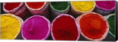 Framed High angle view of various powder paints, Braj, Mathura, Uttar Pradesh, India Print