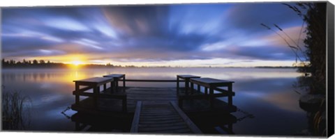 Framed Panoramic view of a pier at dusk, Vuoksi River, Imatra, Finland Print