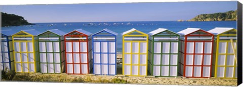 Framed Beach huts in a row on the beach, Catalonia, Spain Print