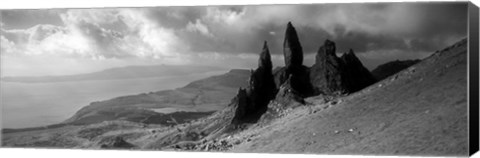 Framed Rock formations on hill in black and white, Isle of Skye, Scotland Print