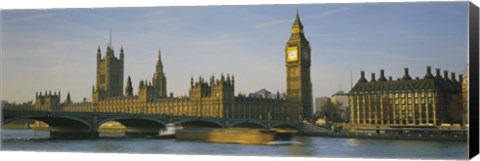 Framed Barge in a river, Thames River, Big Ben, City Of Westminster, London, England Print