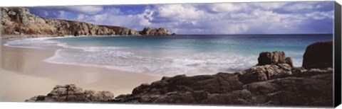 Framed Cliffs at seaside, Logan Rock, Porthcurno Bay, Cornwall, England Print