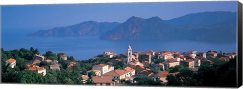 Framed High angle view of a town at the coast, Piana, Corsica, France Print