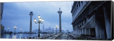 Framed Tables and chairs at a restaurant, St. Mark&#39;s Square, Grand Canal, San Giorgio Maggiore, Venice, Veneto, Italy Print