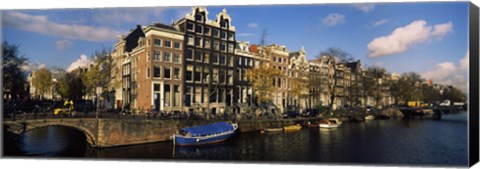 Framed Boats and Buildings along a canal, Amsterdam, Netherlands Print