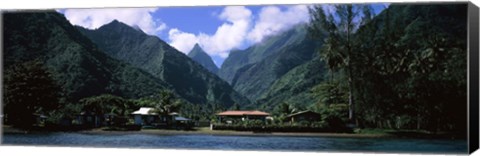 Framed Mountains and buildings on the coast, Tahiti, French Polynesia Print