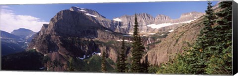 Framed Trees with a mountain range in the background, US Glacier National Park, Montana, USA Print