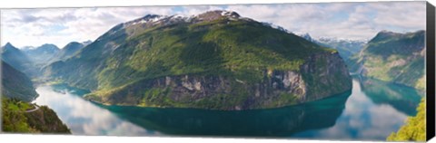 Framed Reflection of mountains in fjord, Geirangerfjord, Sunnmore, Norway Print