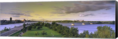 Framed Bridges across a river, Jacques Cartier Bridge, Pont De La Concorde, Montreal, Quebec, Canada Print