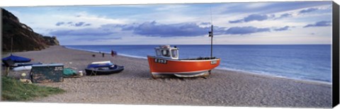 Framed Boats on the beach, Branscombe Beach, Devon, England Print