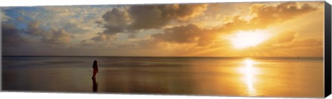 Framed Woman standing on sandbar looking at sunset, Aitutaki, Cook Islands Print