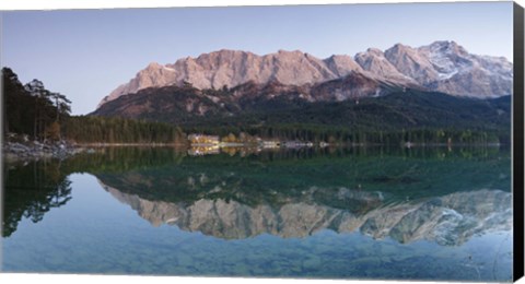 Framed Wetterstein Mountains, Zugspitze Mountain and Eibsee Hotel reflecting in Lake Eibsee, Bavaria, Germany Print