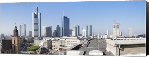 Framed City skyline with St. Catherine&#39;s Church from over the rooftop of the Cathedral Museum, Frankfurt, Hesse, Germany Print